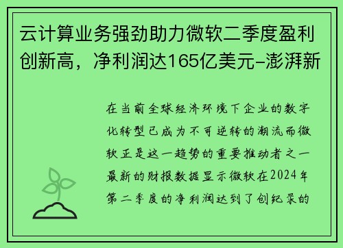 云计算业务强劲助力微软二季度盈利创新高，净利润达165亿美元-澎湃新闻