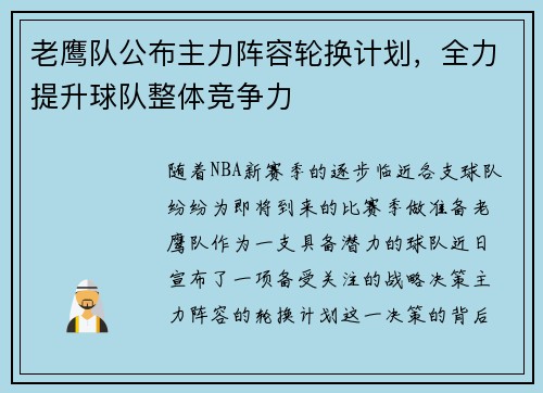 老鹰队公布主力阵容轮换计划，全力提升球队整体竞争力